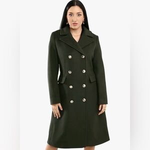 Vince Camuto Dark Olive Double-Breasted Wool Pea Coat Removable Faux Fur Collar
